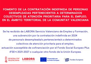 Red banner with Spanish text announcing a policy on indefinite hiring in Valencia; blue paragraph text and partner logos below.
